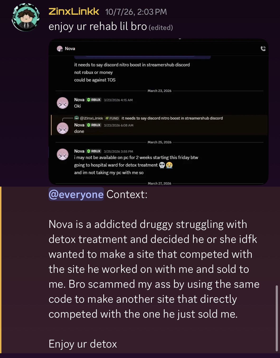 ZinxLinkk defamatory announcement accusing Nova of being an addicted druggy